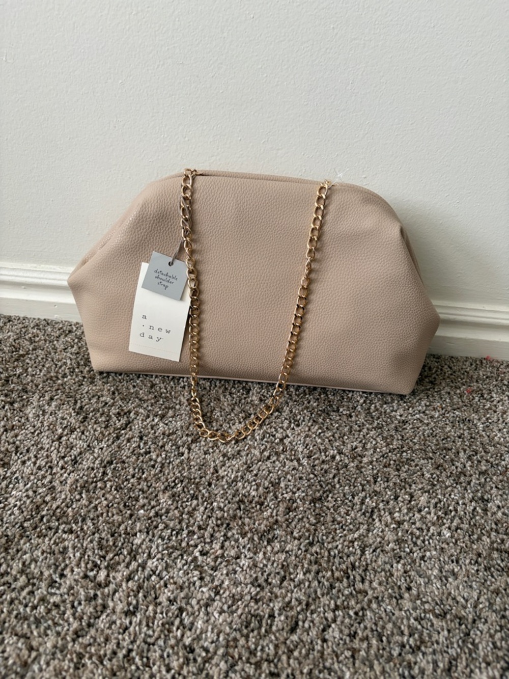 a new day Beige Pebbled Shoulder Bag with Gold Chain